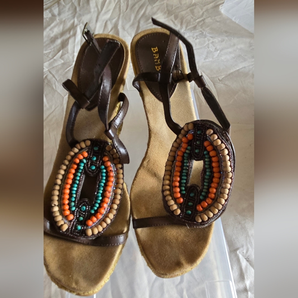 BAMBOO Women's Brown and Orange Beaded Wedge Sandals Boho Festival